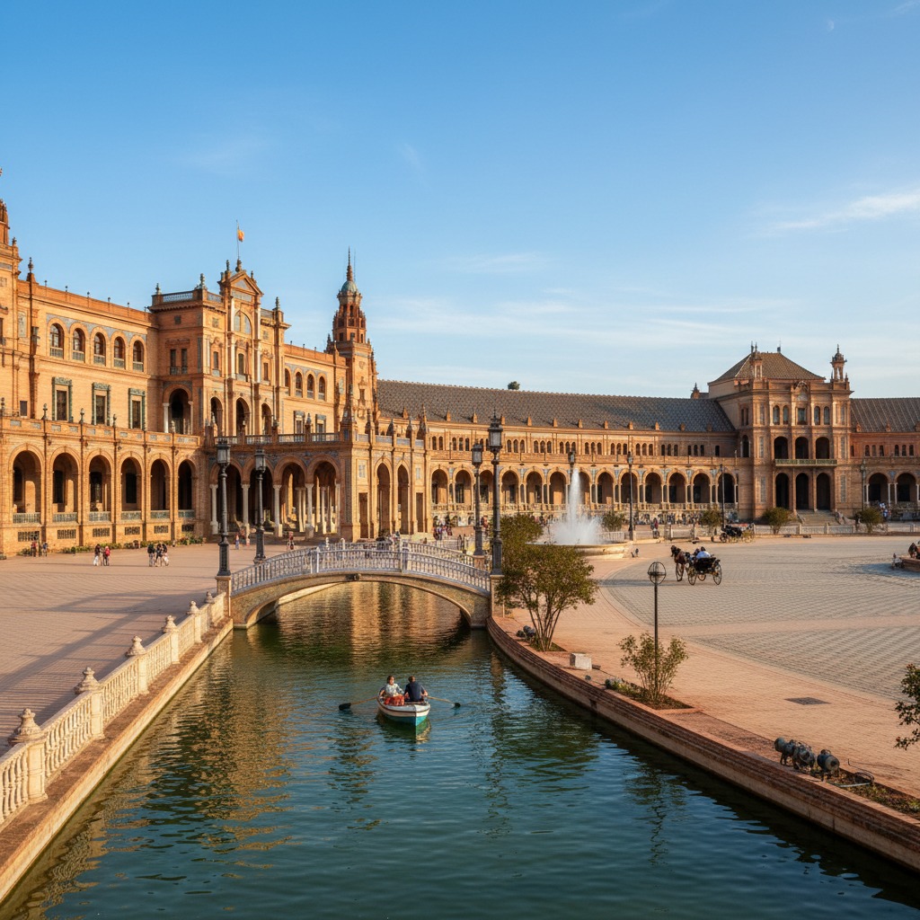People row a small boat through a canal in front of the ornate, semicircular Plaza de España in Seville.